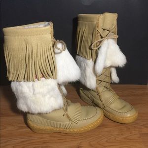 Fleece lined Mukluks, leather and rabbit fur outer